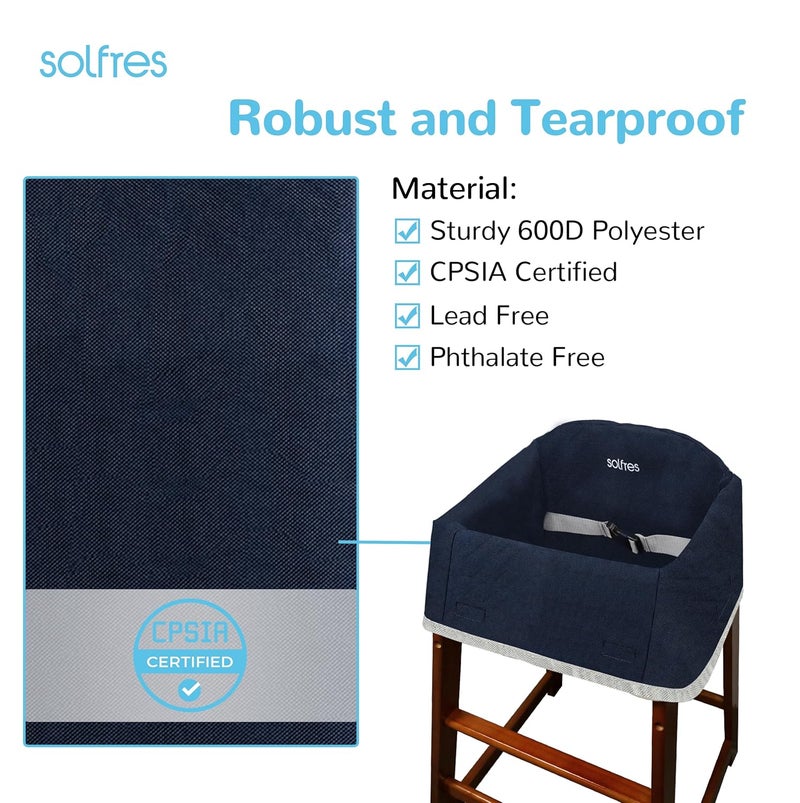 Solfres Dual-Belt Baby High Chair Cover, Upgrade Version, for Wooden or Restaurant High Chair, Sturdy and Robust Material, Waterproof Washable Stain and Slip Resistant, Navy Blue - Image 4